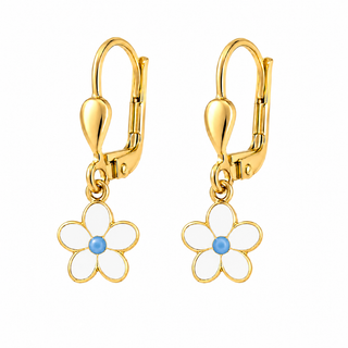 18K Solid Gold Enamel Dangle Flower Lever Back Earrings