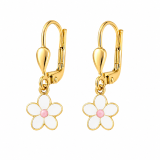 18K Solid Gold Enamel Dangle Flower Lever Back Earrings
