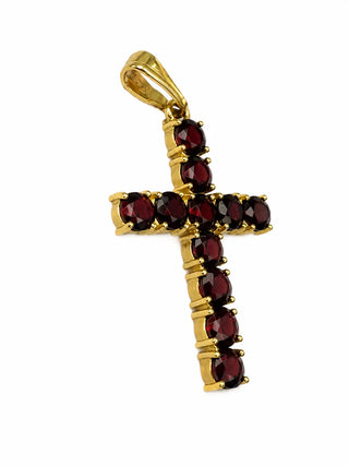 18K Solid Yellow Gold Large Red Garnet Cross Pendant