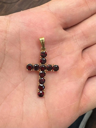 18K Solid Yellow Gold Large Red Garnet Cross Pendant