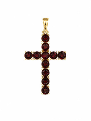 18K Solid Yellow Gold Large Red Garnet Cross Pendant