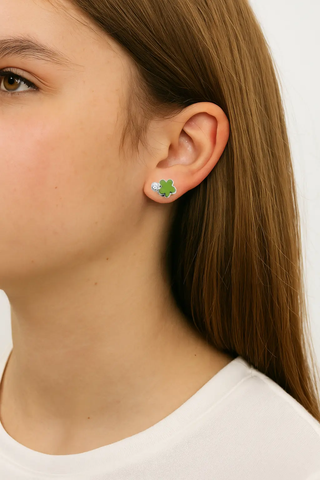 Sterling Silver Green Enamel Flower Zirconia Post Earrings