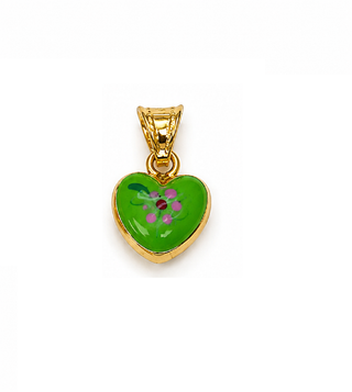 18K Solid Yellow Gold Enamel Puffy Heart Pendant Charms with Flowers