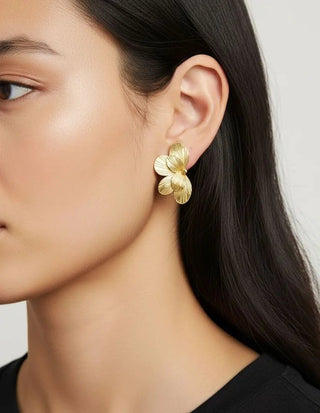 18K Solid Yellow Gold Satin Finish Half Flower Large Earrings