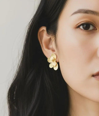 18K Solid Yellow Gold Satin Finish Half Flower Large Earrings