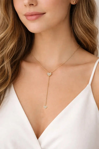18K Solid Yellow Gold Zirconia Heart Y Necklace Lariat Style