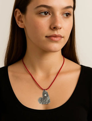 Sterling Silver Large Hammered Heart Red Cord Necklace 