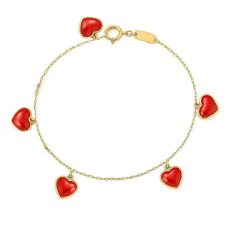 18K Yellow Gold Red Enamel Dangling Heart Charm Bracelet 