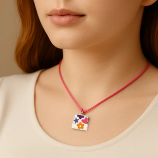 Sterling Silver Enamel Star Hear and Flowers Cord Necklace
