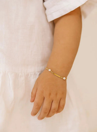 18K Solid Yellow Gold Girl Pearl ID Curb Chain Bracelet