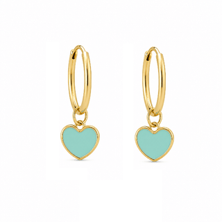 18K Yellow Gold Enamel Heart Dangle Infinity Hoop Earrings green aqua