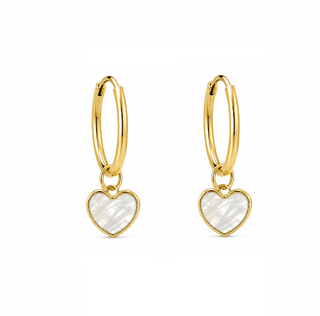 18K Yellow Gold Enamel Heart Dangle Infinity Hoop Earrings mother pearl