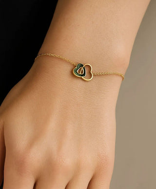 18K Solid Yellow Gold Malachite Interlocking Hearts Bracelet