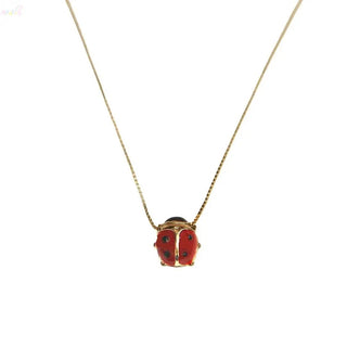 18K Solid Yellow Gold Red Enamel center Lady Bug Necklace
