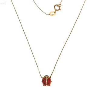 18K Solid Yellow Gold Red Enamel center Lady Bug Necklace