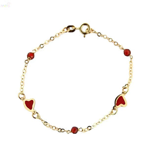 18K Solid Yellow Gold Red Enamel Hearts and Stones Bracelet