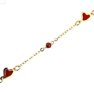 18K Solid Yellow Gold Red Enamel Hearts and Stones Bracelet