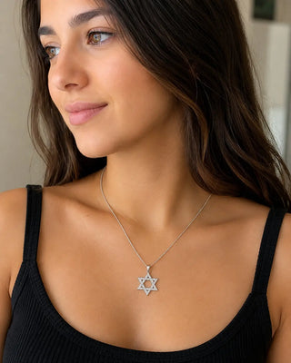 18K Solid White Gold Diamond Star of David Pendant