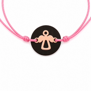 18K Solid Pink Gold Angel over ebony stone Pink Cord Bracelet