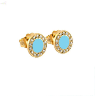 18K Yellow Gold Turquoise and Diamonds Circle Stud Earrings