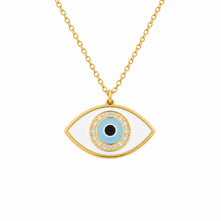 18K Yellow Gold Diamond Light Blue Evil Eye Large Pendant