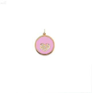 18K Sold Yellow Gold Pink Ceramic and Diamond Hear Circle Pendant
