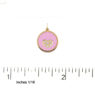 18K Sold Yellow Gold Pink Ceramic and Diamond Hear Circle Pendant