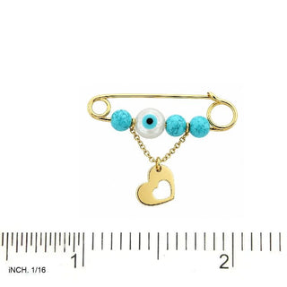 18K Solid Gold Turquoise Evil Eye and Heart Safety Pin