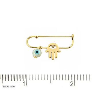 18K Solid Yellow Gold Hamsa Hand and Evil Eye Safety Pin