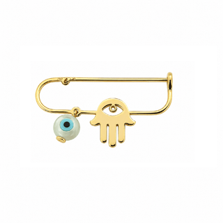 18K Solid Yellow Gold Hamsa Hand and Evil Eye Safety Pin