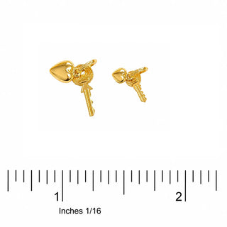 18K Solid Yellow Gold Puffy Heart and Key Polished Pendant