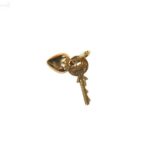 18K Solid Yellow Gold Puffy Heart and Key Polished Pendant