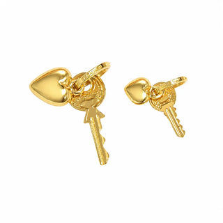18K Solid Yellow Gold Puffy Heart and Key Polished Pendant