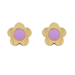 18K Yellow Gold Enamel Center Flower Screwback Earrings