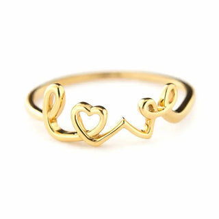 18K Solid Yellow Gold Dainty Script Love Ring Design