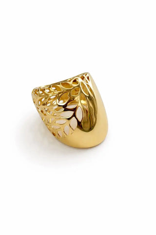 18K Solid Yellow Gold Cut-Out Leaf Shape Wide Polished Ring