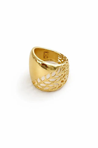 18K Solid Yellow Gold Cut-Out Leaf Shape Wide Polished Ring