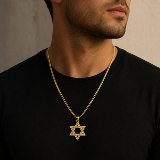 18K Yellow Gold Men's Diamond-Cut Design Star of David Pendant