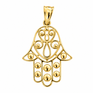 18K Solid Yellow Gold Large Open Hamsa Fatima Hand Pendant
