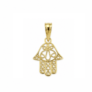 18K Solid Gold Filigree Small Hamsa Fatima Hand Pendant