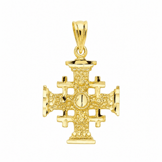 18k Solid Yellow Gold Diamond Cut Jerusalem Cross Pendant