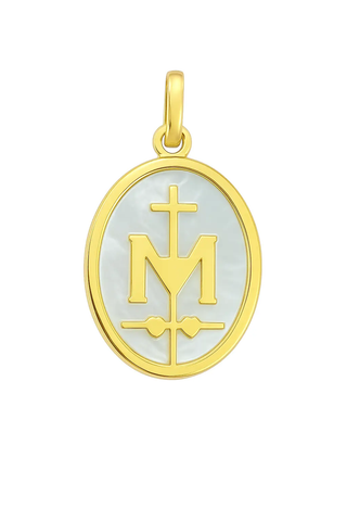 18K Solid Yellow Gold Mother of Pearl Miraculous Medal 