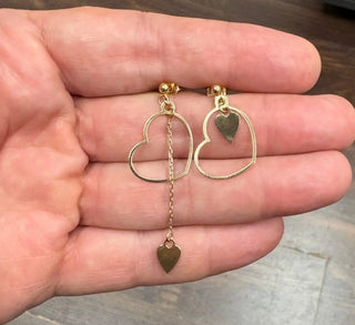 18k Solid Yellow Gold Modern Open Heart Dangle Earrings