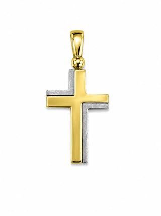 18K Solid Two Tone Modern Medium Polished and Satin Cross Pendant