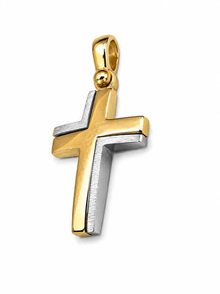 18K Solid Two Tone Modern Medium Polished and Satin Cross Pendant