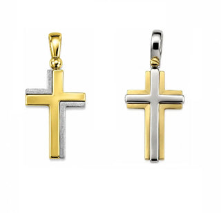 18K Solid Two Tone Modern Medium Polished and Satin Cross Pendant