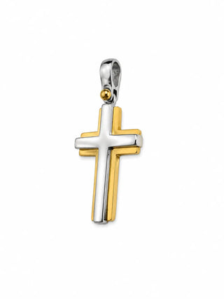 18K Solid Two Tone Modern Medium Polished and Satin Cross Pendant