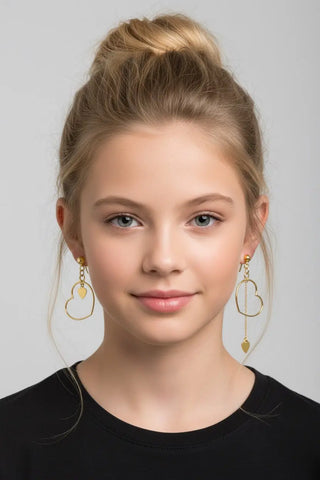 18k Solid Yellow Gold Modern Open Heart Dangle Earrings