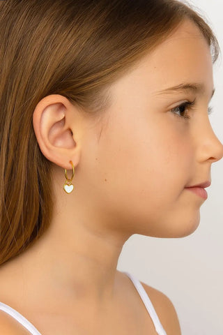 18K Solid Yellow Gold Mother of Pearl Heart Endless Hoop Earrings