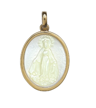 18K Solid Yellow Gold Mother of Pearl Miraculous Medal 